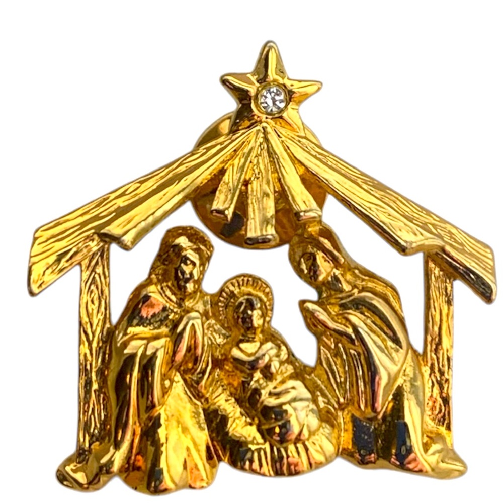 Vintage Christmas Nativity Manger gold toned clear rhinestone Brooch 1.25”